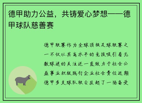 德甲助力公益，共铸爱心梦想——德甲球队慈善赛